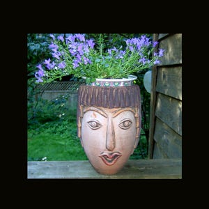 Peut inclure: Un pot de fleurs en terre cuite unique, en forme de visage humain. Le pot présente des traits faciaux détaillés, avec des yeux, un nez et des lèvres sculptés. Il contient un arrangement vibrant de campanules violettes. Le pot est posé sur une surface en bois.
