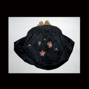 Black silk evening bag - with pink embroidered roses - hand made in France - peach satin lining - needs strap