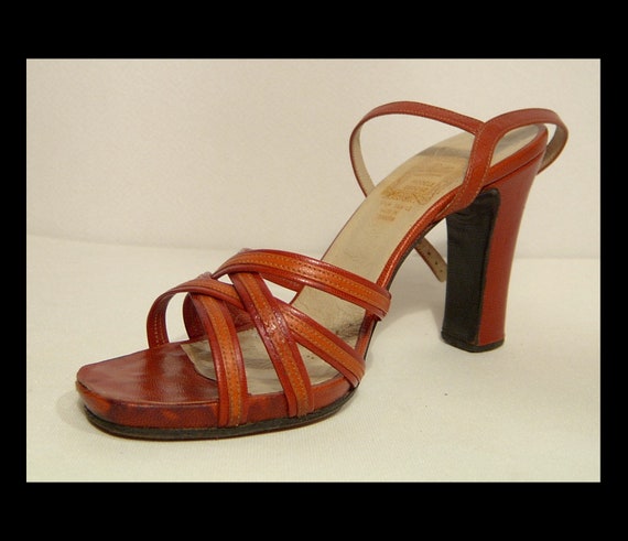Size 6 ~ 1970s 2-tone brown leather strappy sanda… - image 1