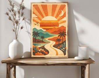 Retro Sunset Landscape Wall Art Print, Vintage Mid Century Poster, Boho Sun & Mountains, Home Decor, Digital Download
