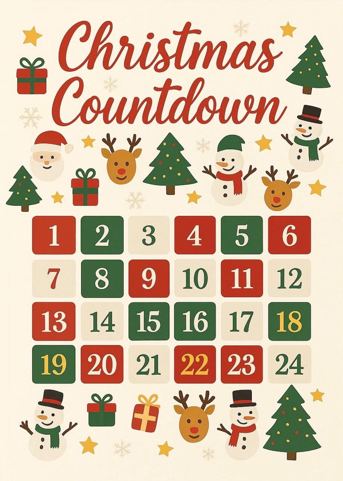 Printable Christmas Countdown Calendar | Advent Calendar 1st-24th ...