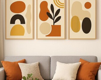 Modern Abstract Wall Art Set of 3, Living room wall art, Minimalist Boho Decor, Neutral & Warm Tones, Digital Download