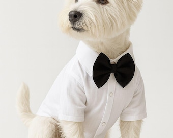 Camicia con papillon per cani: elegante abito formale in mussola bianca per animali domestici (1-23 libbre) (1-10 kg)