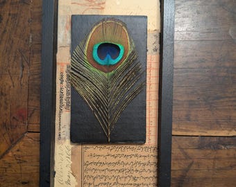 Peacock Feather Assemblage Art: Antique Paper Collage