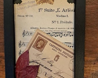 Vintage Assemblage Art: Italian Postcard, Pressed Leaves, Sheet Music