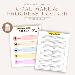 May include: Printable goal setting and progress tracker worksheets. The first page features a SMART goal setting guide with a superhero illustration. The second page is a progress tracker with sections for yesterday's accomplishments, today's accomplishments, and what can be improved today.