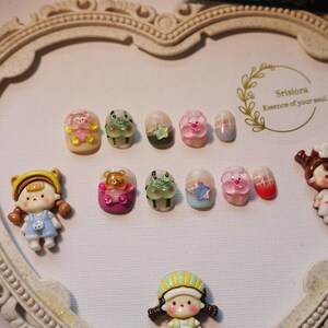 Kawaii Frog & Pig Press on Nails medium | 3D Animal Nail Art | Cute Handmade Nails