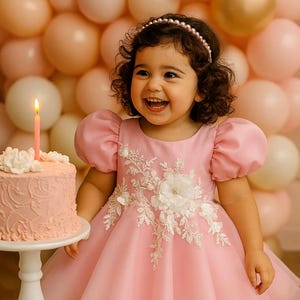 Vestido de princesa rosa para aniversário: apliques florais, mangas bufantes