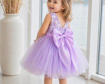 Lavender Flower Girl Dress, Lace Bodice, Satin Bow, Birthday Prom Ball Gown