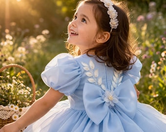 Light Blue Tulle Flower Girl Dress, Lace Wedding Guest Toddler Gown