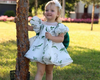 Lily of the Valley Silk Organza Dress: Emerald Bow, Puffy Sleeves