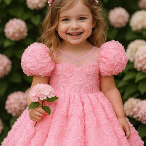 Barbie Dream Puffy Dress, Pink Rose Flower Girl Gown, Birthday Party, Princess Dress