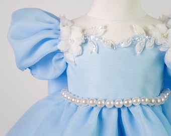 Può includere: Abito azzurro con maniche a sbuffo, cintura di perle e decorazioni floreali. Il corpetto presenta fiori bianchi e dettagli di paillettes argentate. L'abito è per bambina ed è esposto su un manichino.