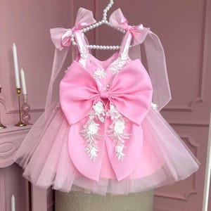 Pink Tulle Flower Girl Dress: Lace, Big Bow, Pearl Straps