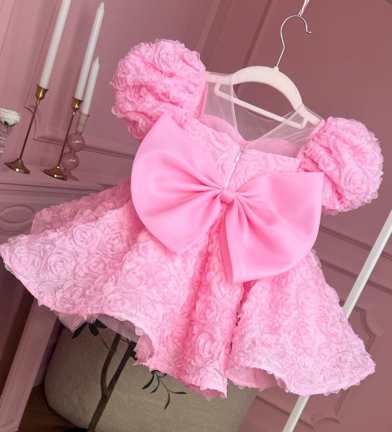 Luxury 3D Rose Princess Dress: Puffy Sleeves, Birthday Party