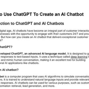 Puede incluir: Texto sobre un fondo blanco que explica cómo usar ChatGPT para crear un chatbot de IA. El texto analiza el uso de ChatGPT como un modelo de lenguaje IA avanzado y su papel en la construcción de aplicaciones de IA conversacionales como los chatbots.