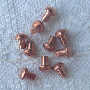 May include: A collection of copper-colored rivets with rounded heads and cylindrical shafts. The rivets are scattered on a white, lace-like fabric. These small metal fasteners are used in various crafting and repair projects.
