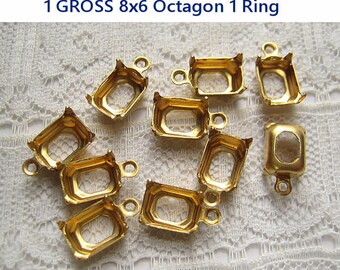 1 GROSS 8x6 Octagon Brass Prong Rhinestone Settings 1 Ring