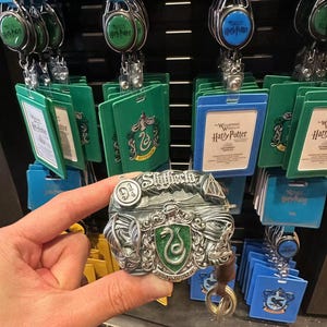 May include: A silver-colored Slytherin house crest keychain with a green snake and the words "Slytherin" and "Serpentes" on it. The keychain is attached to a brown leather strap with a metal ring.