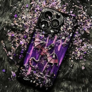 Custom Dragon Phone Case – Hand-Painted Background, 3D UV Resin Dragon Design with Metal & Gemstone Accents – Personalized Phone Case