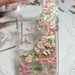 Handmade 3D Floral Butterfly Phone Case – Cream Glue Art with Pearlescent Flowers, Girl Aesthetic, Gift for Her - iPhone Samsung Google. transparent