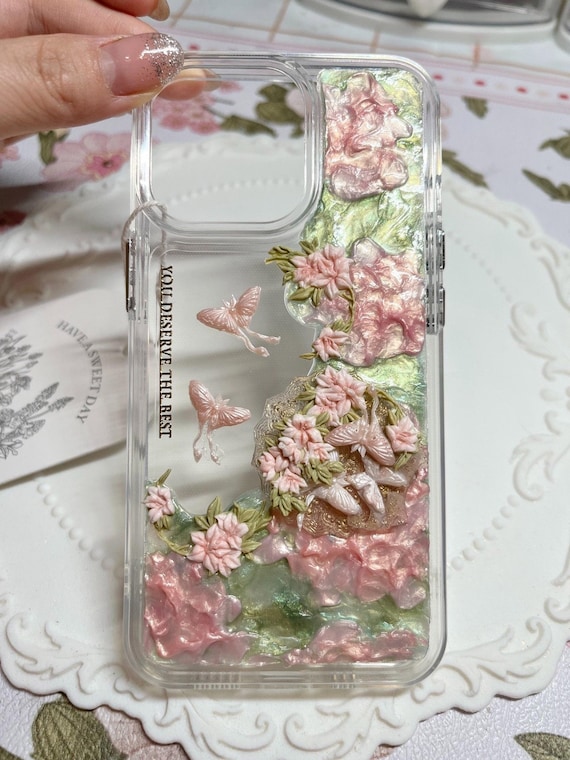 Handmade 3D Floral Butterfly Phone Case – Cream Glue Art with Pearlescent Flowers, Girl Aesthetic, Gift for Her - iPhone Samsung Google.