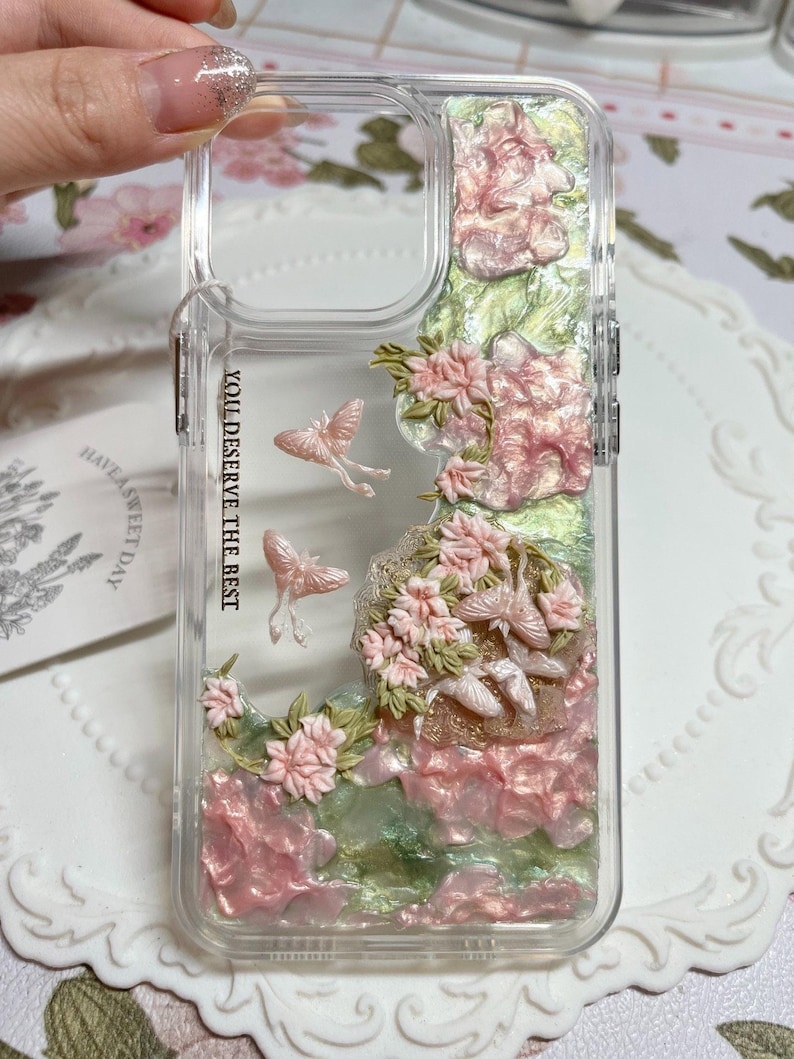 Handmade 3D Floral Butterfly Phone Case – Cream Glue Art with Pearlescent Flowers, Girl Aesthetic, Gift for Her - iPhone Samsung Google. transparent