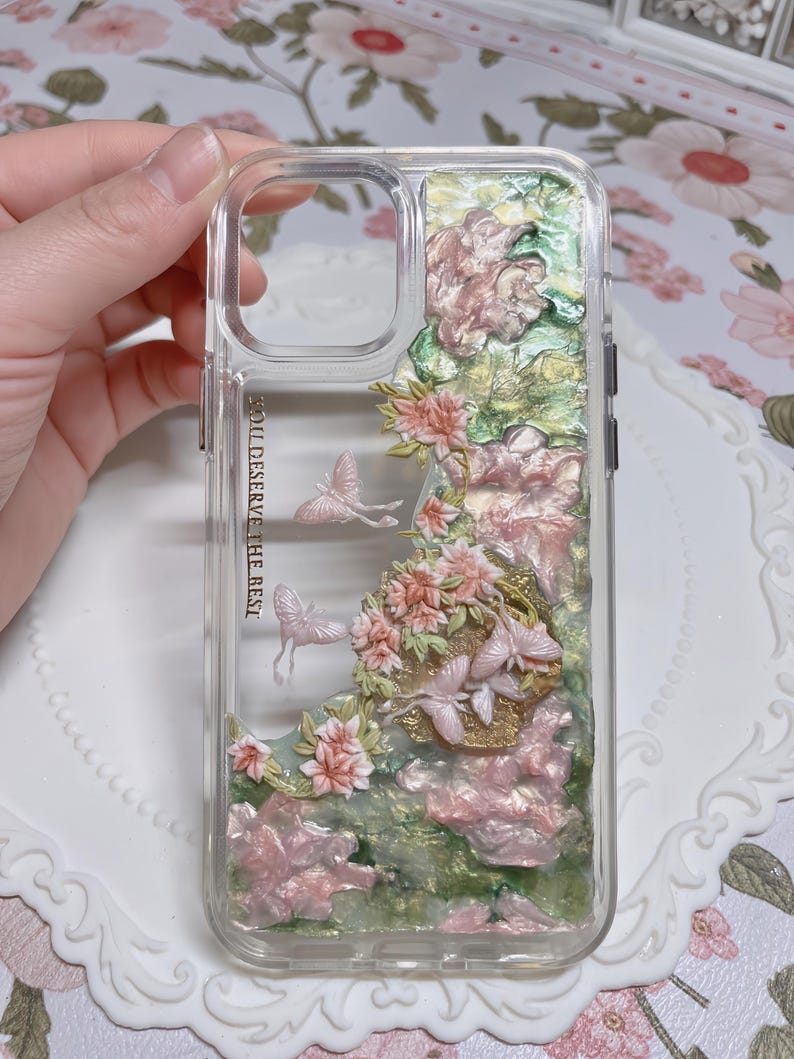 Handmade 3D Floral Butterfly Phone Case – Cream Glue Art with Pearlescent Flowers, Girl Aesthetic, Gift for Her - iPhone Samsung Google. image 2