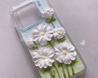 Custodia per telefono Decoden fatta a mano / Cover in crema con margherite 3D e colla / Custodia floreale estetica per iPhone e Samsung / Regalo unico per lei / Kawaii.