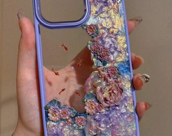 Handmade Decoden Iridescent Floral Phone Case | Purple Cream Glue Art Case | 3D Glitter Flowers iPhone Samsung Cover | Unique Girly Gift.