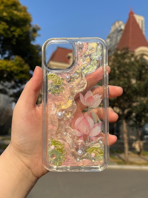 Elegant Lotus Flower Resin Phone Case, Handmade Pink Floral w/ Pearls, Shimmer Botanical Clear Cover - iPhone Samsung Google.
