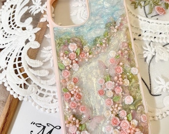 Kawaii Decoden Phone Case | Pink Cream Glue Cover with 3D Roses | Cute Floral Handmade Girly Gift | iPhone Samsung Google Case.