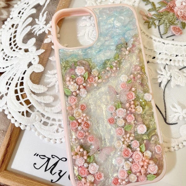 Kawaii Decoden Phone Case | Pink Cream Glue Cover with 3D Roses | Cute Floral Handmade Girly Gift | iPhone Samsung Google Case.