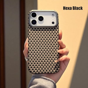 May include: A phone case with a geometric pattern of black triangles on a tan background. The case has a silver camera frame and the text "Hexa Black" in the upper right corner.