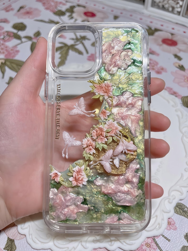 Handmade 3D Floral Butterfly Phone Case – Cream Glue Art with Pearlescent Flowers, Girl Aesthetic, Gift for Her - iPhone Samsung Google. image 3
