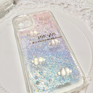 Handmade Resin Phone Case with Iridescent Glitter, Cloud Design, "FOR YOU" Message, Custom iPhone Case, Unique Gift Idea, Personalized Cover
