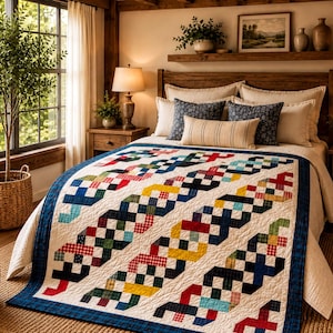 Quiltpatroon PDF, strak, modern en met restjes | Geruite boerderijstijl met kettingen | Machinaal te maken, King 112x112