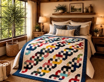 Quilt Pattern PDF, Clean Modern Scrappy | Plaid Farmhouse Chains | Machine Piecing, King 112x112