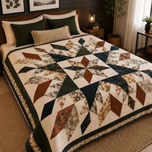 Pode incluir: Uma colcha com um grande padrão de estrela central em tons de creme, verde escuro, azul marinho e laranja ferrugem. O design incorpora formas geométricas de diamante e painéis de tecido com padrões florais e costuras detalhadas.