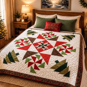 Holiday Decor Quilt, Christmas Starburst Pattern, Beginner Friendly PDF, 110 Inch Square, Festive Patchwork