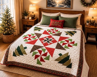Holiday Decor Quilt, Christmas Starburst Pattern, Beginner Friendly PDF, 110 Inch Square, Festive Patchwork