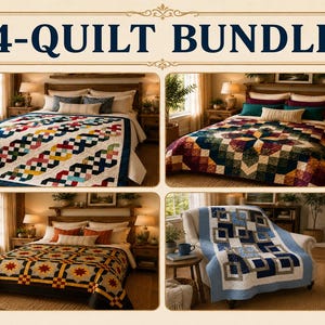 May include: A 4-quilt bundle featuring four distinct designs. One quilt has a colorful interlocking chain pattern, another a dark star motif, a third a yellow and black geometric star pattern, and the fourth a blue and white square design.