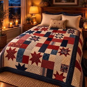 Galactic Melodies Sampler Quilt Pattern PDF | Patriotic Star Patchwork | Red White Blue 82 x 98
