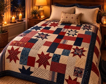 Galactic Melodies Sampler Quilt Pattern PDF | Patriotic Star Patchwork | Red White Blue 82 x 98