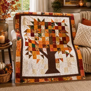 May include: A rectangular quilt featuring a central tree motif constructed from small, multi-coloured fabric squares in shades of orange, yellow, red, and brown. The tree has a solid dark brown trunk and is framed by a dark brown border.