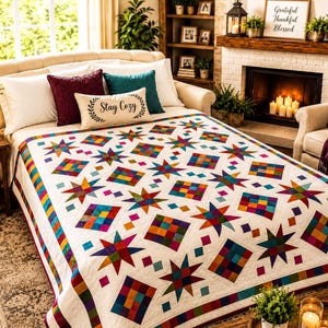 Whispers Of Autumn, Modern Clean Quilt Pattern | Printable PDF Guide, 55x64 Lap, Geometric Star Blocks