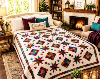Whispers Of Autumn, Modern Clean Quilt Pattern | Printable PDF Guide, 55x64 Lap, Geometric Star Blocks