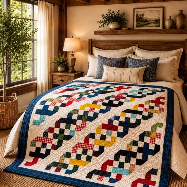 King Size Quilt Pattern PDF, Scrappy Plaid Chain Patchwork, 112 x 112 Inches