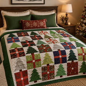 Op de afbeelding: Een patchwork sprei met een herhalend patroon van kerstbomen en ingepakte cadeaus in diverse kleuren, waaronder rood, groen, blauw en grijs. De sprei heeft een donkergroene rand en ligt op een bed met groene kussens.