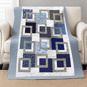 Midnight Frames Quilt Pattern, Easy Geometric Patchwork (PDF)Size:56"x72"